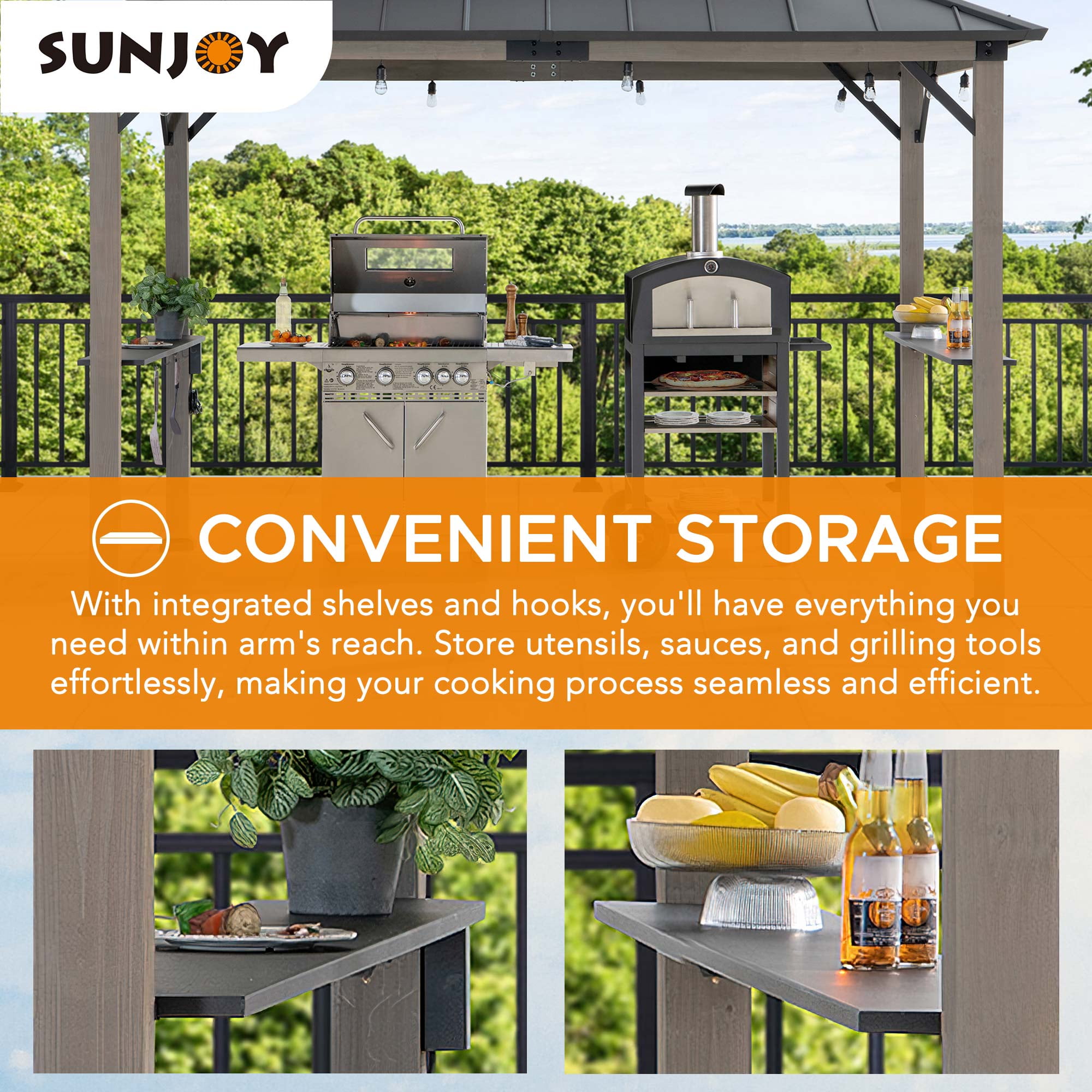 SUNJOY Gazebo à grillades Churchill 8 pi x 12 pi à cadre en cèdre avec port d'alimentation CA exclusif noir