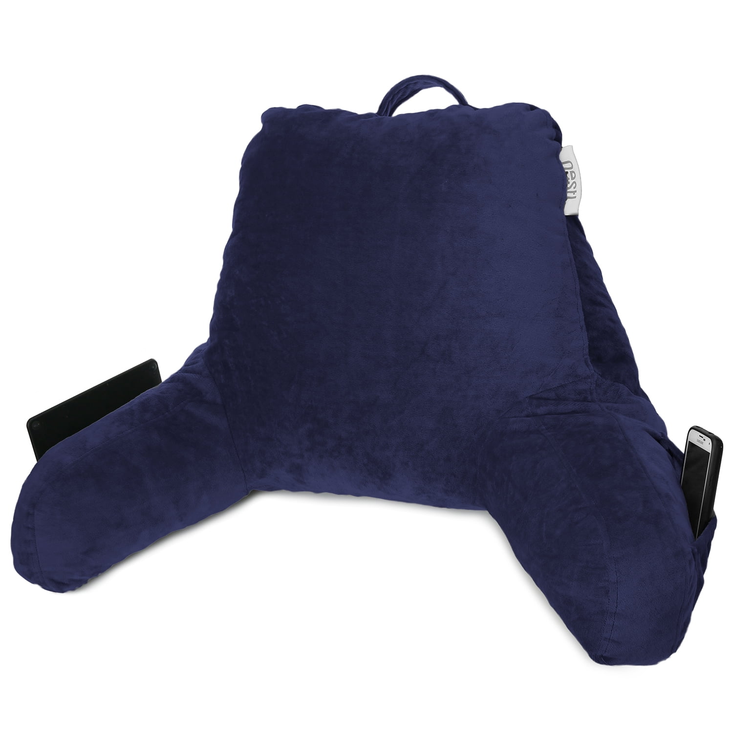 Nestl Backrest Reading Pillow Bonus Portable Lap Desk Stand for Laptop, Back Support Pillow, Shredded Memory Foam Bed Rest Pillow with Arms and Pockets for Kids & Teens, Navy