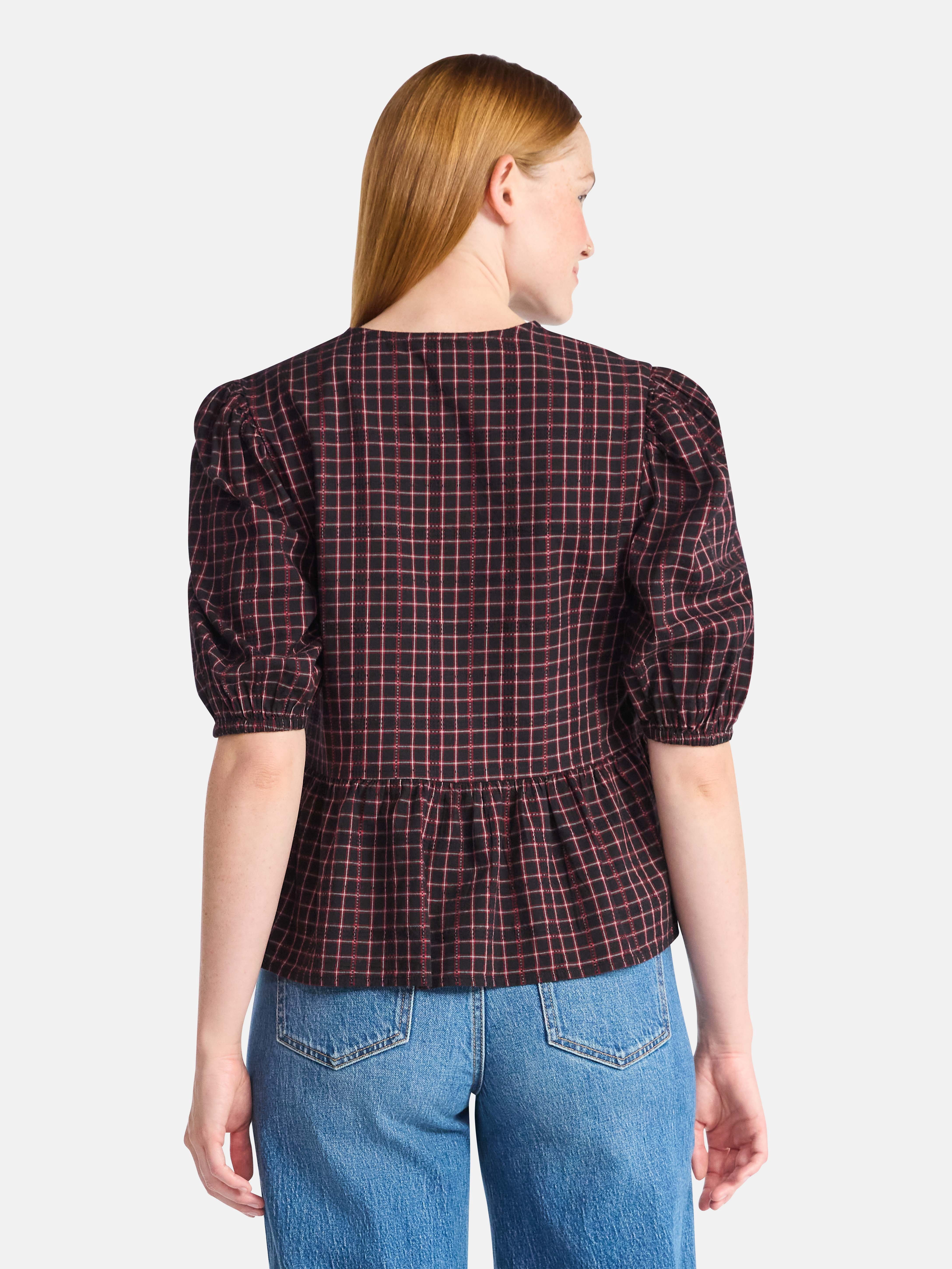 Time and Tru Women's Tie Front Peplum Top with Short Puff Sleeves, Size XS – XXXL
