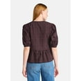 thumbnail image 3 of Time and Tru Women's Tie Front Peplum Top with Short Puff Sleeves, Size XS – XXXL, 3 of 5