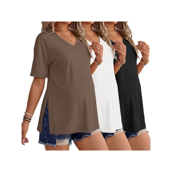 Weardear 3 Pack Women's Maternity Shirts V Neck Cuff Fold Pregnancy Tunic Tops Split Side Short Sleeve Pregnant Clothes