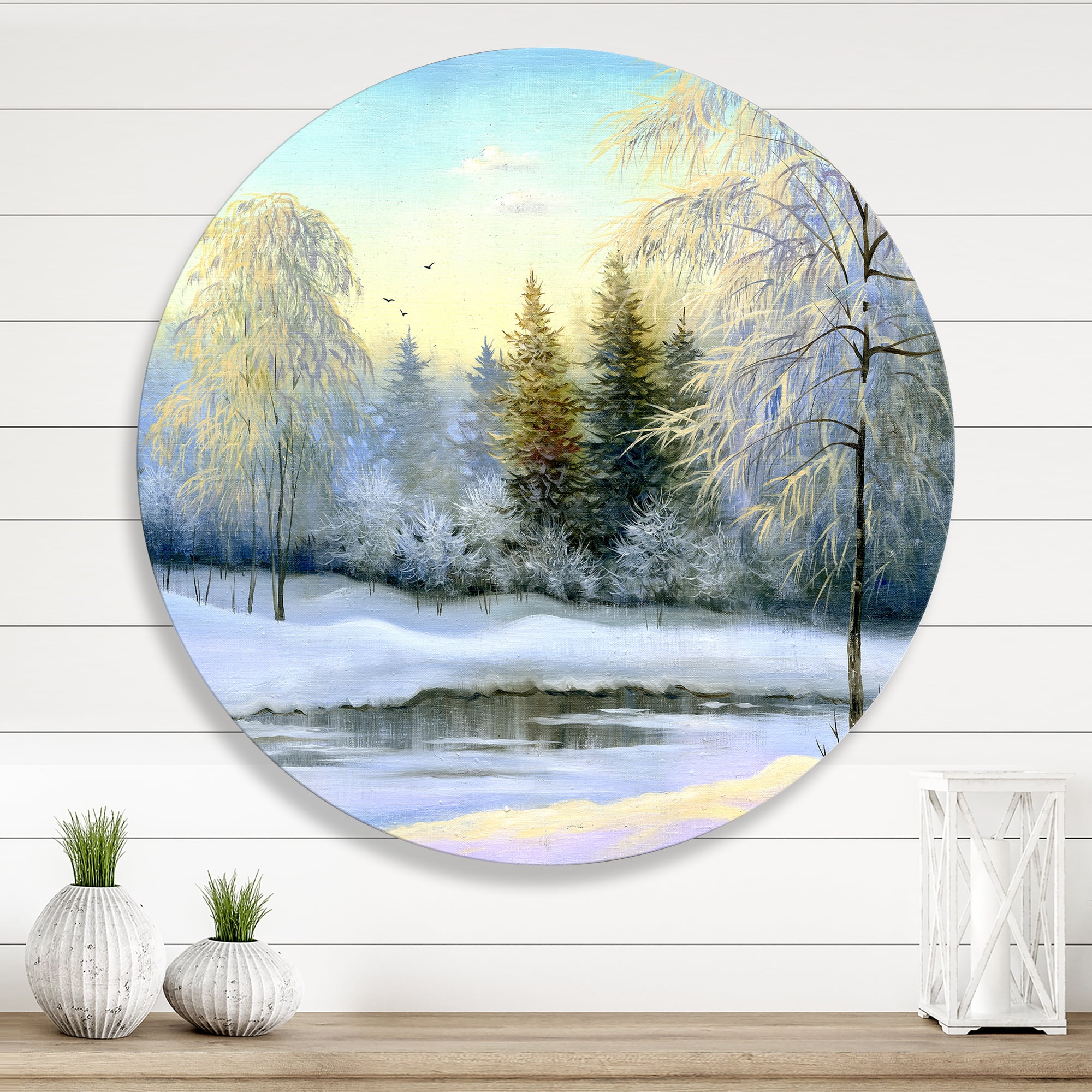 Designart 'Green Trees In Beautiful Winter Snow Landscape' Traditional Circle Metal Wall Art 23x23 - Disc of 23