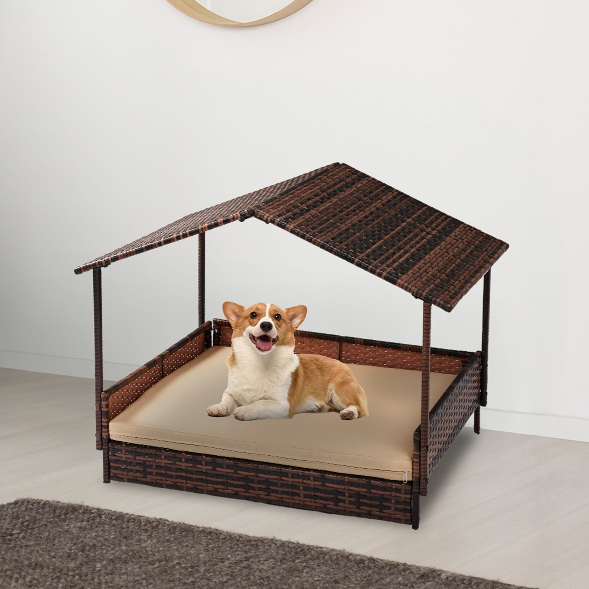 Kadyn 38" Outdoor Wicker Dog House with Canopy, Elevated Rattan Dog Bed for Medium Dogs, Indoor Dog Sofa with Washable Cushion Cover, Brown