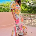 thumbnail image 2 of Orange-Red Bohemian Floral Print Maxi Dress, Womens Off Shoulder Puff Sleeve Tiered Dress, 2 of 6