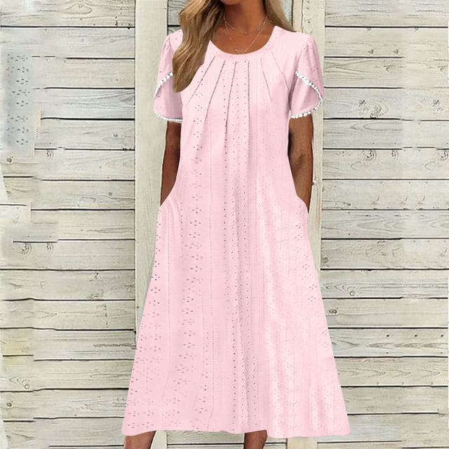 Mefallenssiah Robe d'Été pour Femme, Confortable, Aguichant, Mode, Couleur Unie, avec Poches, Manches Courtes, Col Rond
