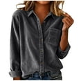 thumbnail image 3 of QATAINLAV Dark Gray Womens Corduroy Button Down Shirts Dressy Casual Long Sleeve Blouses Loose Lapel Jackets Shackets with Chest Pocket, 3 of 8