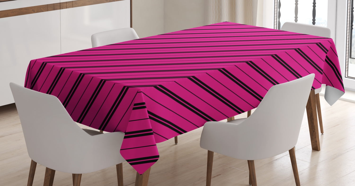 Hot Pink Tablecloth, Diagonal Lines Black Stripes on Pink Backdrop Classical Modern Tile Pattern