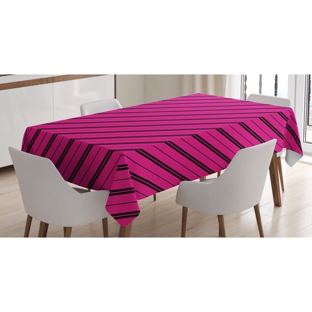 Hot Pink Tablecloth, Diagonal Lines Black Stripes on Pink Backdrop