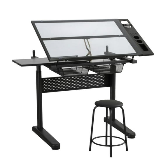 Gzxs Glass Drafting Table w/ Cushioned Stool – Adjustable Professional Artwork Drawing Desk with Tiltable Glass Top and 2 Drawers for Craft Station Home Office School Studio – Black