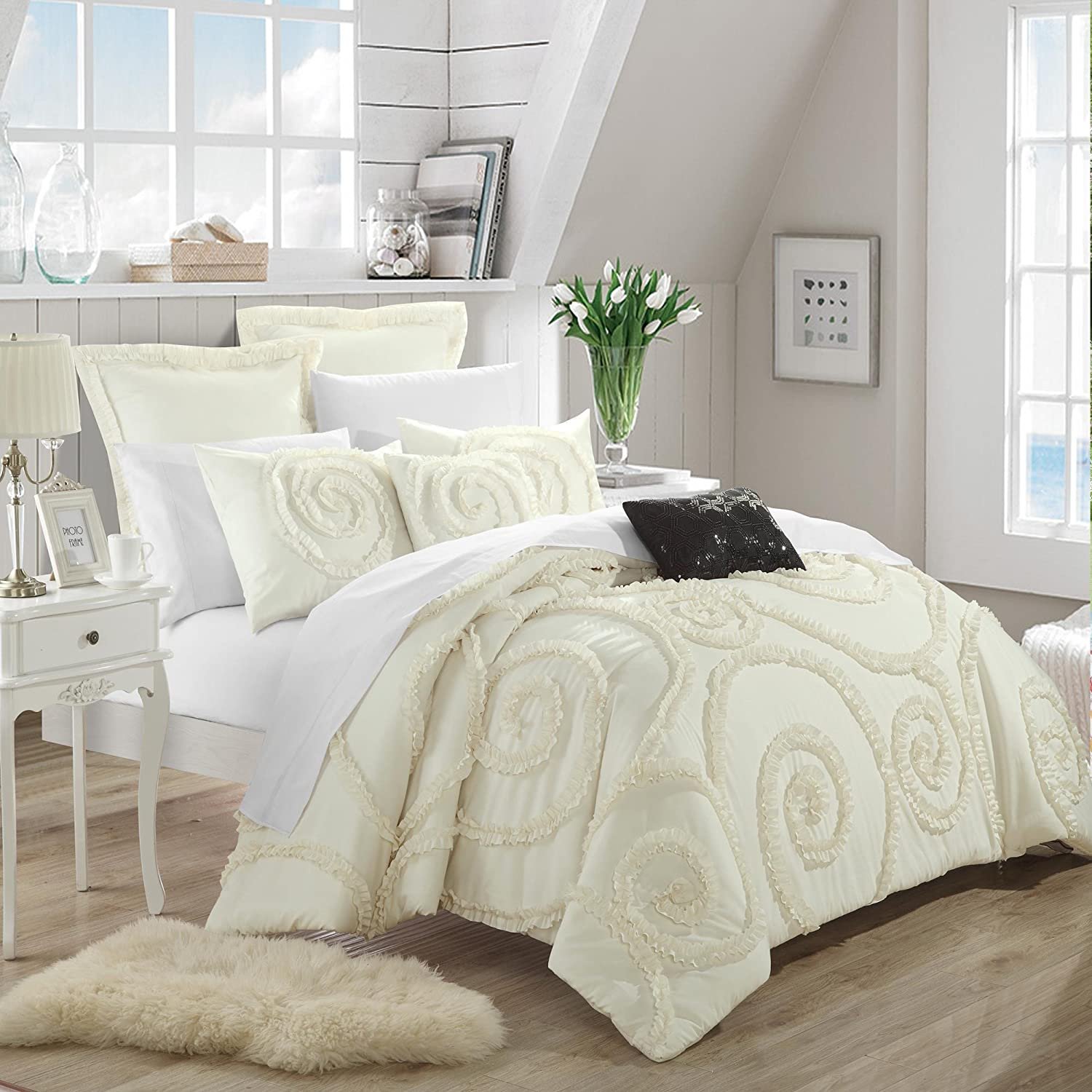 Rosalia Beige Ruffled Applique Queen 7 Piece Comforter Bed In A Bag Set