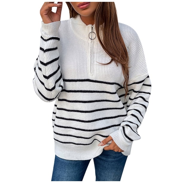Moda mujer Casual manga larga cremallera rayas señoras suéter tejido Tops Fridja ghj987+4673