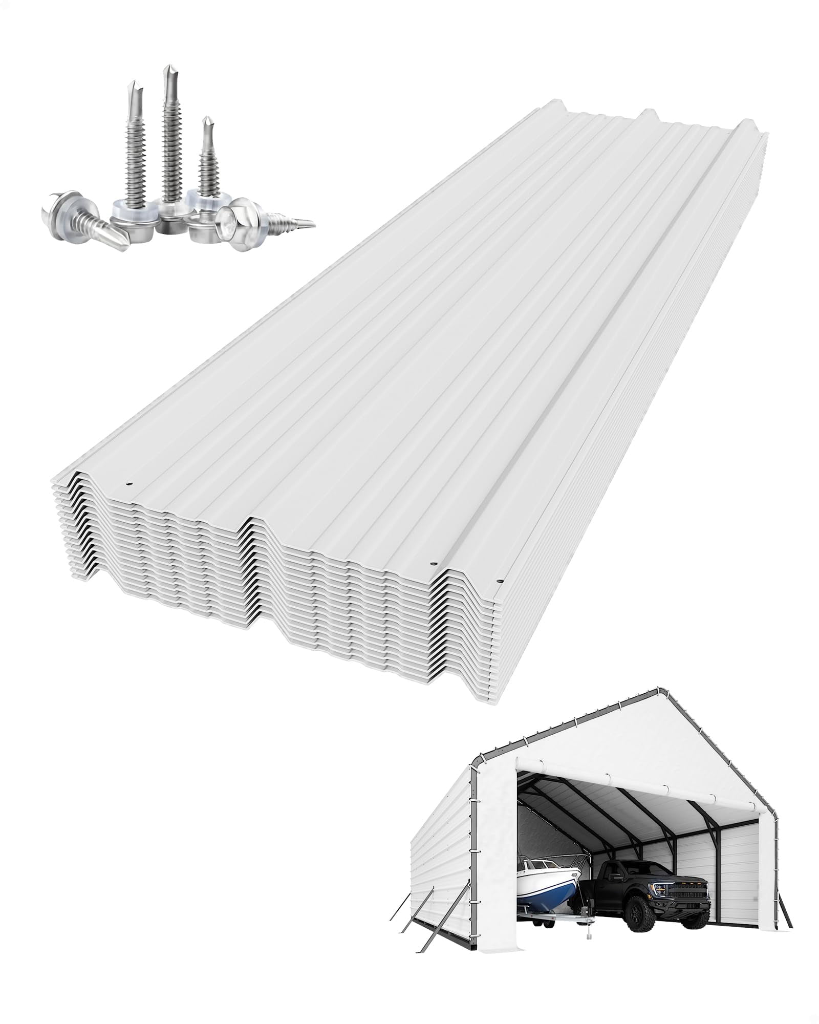 20x25 FT Roofing Panels for Metal Carport, Heavy Duty Galvanized Steel Carport Kits – 27 Ga. Ribbed Panels (60.23" x 19.68"), 16 Pcs, 132 sq ft Coverage – White