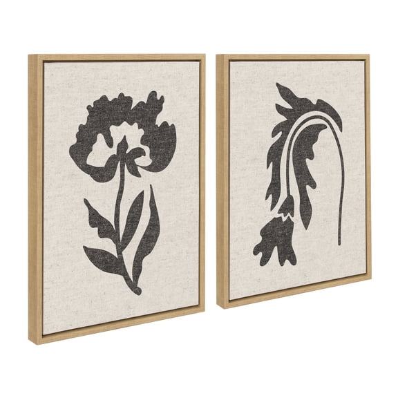 Kate and Laurel Sylvie Scandi Botanical 2 and 3 Neutral Textured Linen Framed Canvas Wall Art Set by The Creative Bunch Studio, 2 Piece Set 18x24 Natural, Simple Abstract Floral Art for Wall