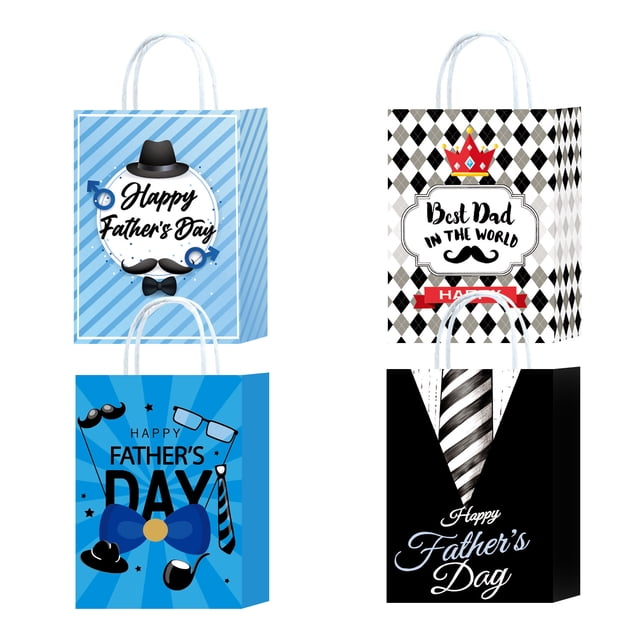 Bolsa de regalo de papel kraft blanco con dibujos animados para el Día del Padre, paquete de 12