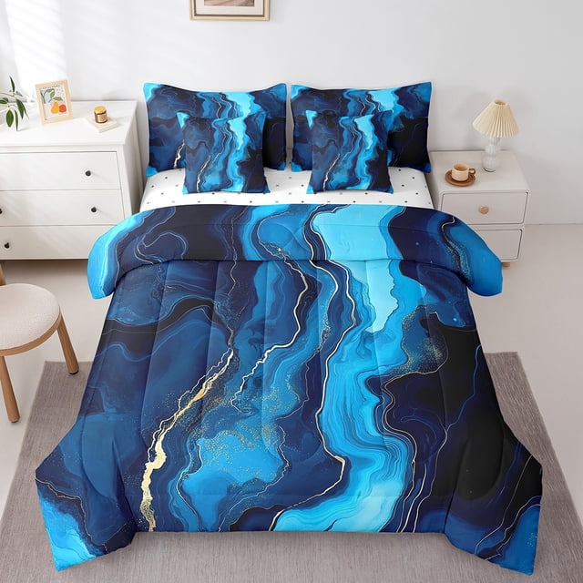 Marble Bedding Set Blue Stone Pattern Sheet Set King Size Watercolour Artwork Marbling Comforter 7 Pieces Bed In A Bag Abstract Art Fluid Bed Set For Kids Teens