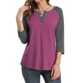 thumbnail image 2 of 3/4 Sleeve Raglan Shirts for Women Color Block Henley Blouse Button Tunic Tops(Purple Red 2XL), 2 of 5