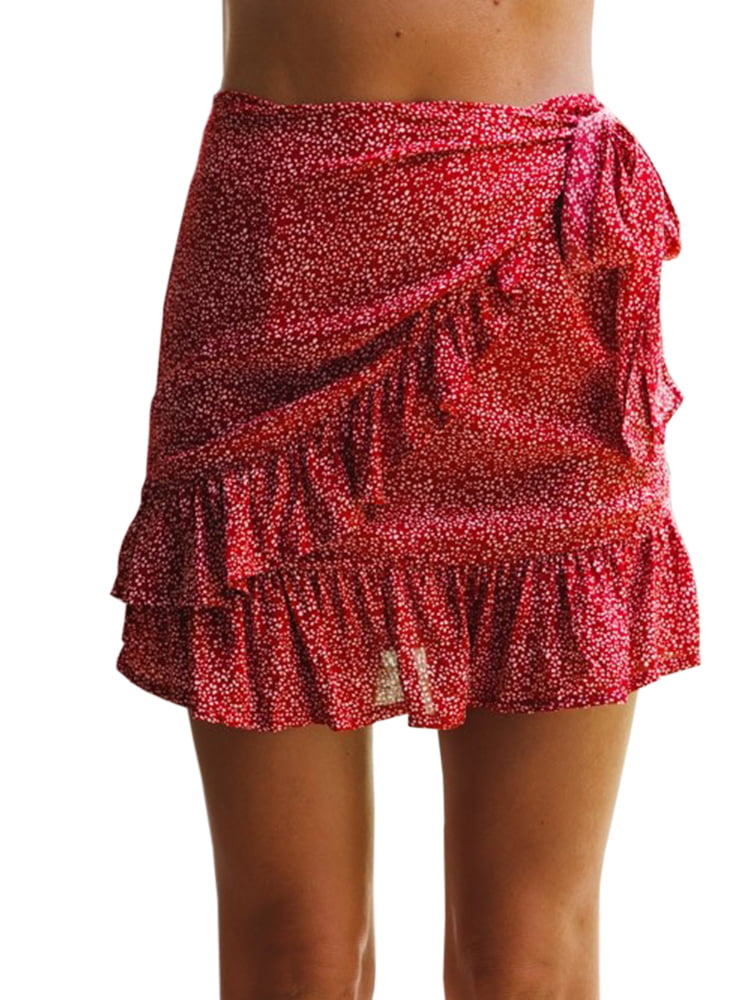 Womens Floral Mini Skirts Wrap Pleated Ruffle Hem Cute Beach A Line ...