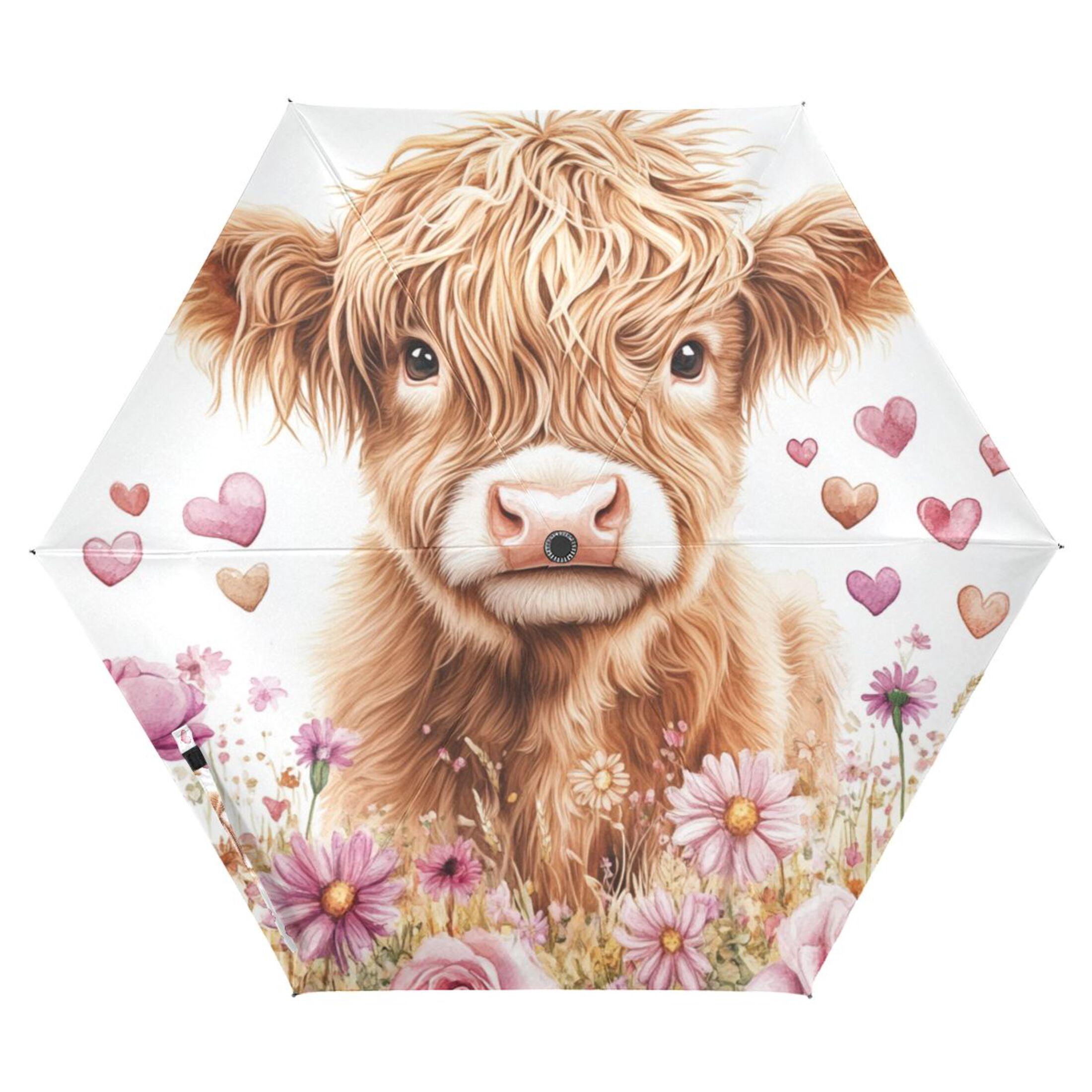 Highland Cow Roses Hearts Valentine All Weather Umbrella Triple Folding Parasol 6 Ribs UV Protection Portable