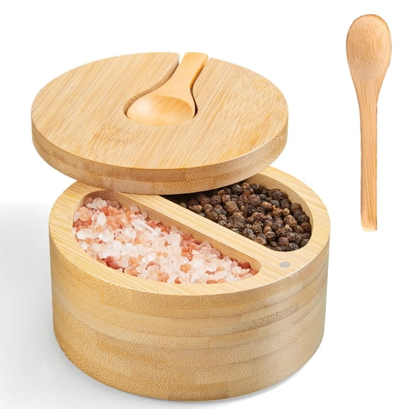 ACDANC Salt Cellar,Bamboo Round Double-Compartment Salt and Pepper Shakers with Lid & Spoon,Kitchen Spice Containers for Kitchen Storage and Organization