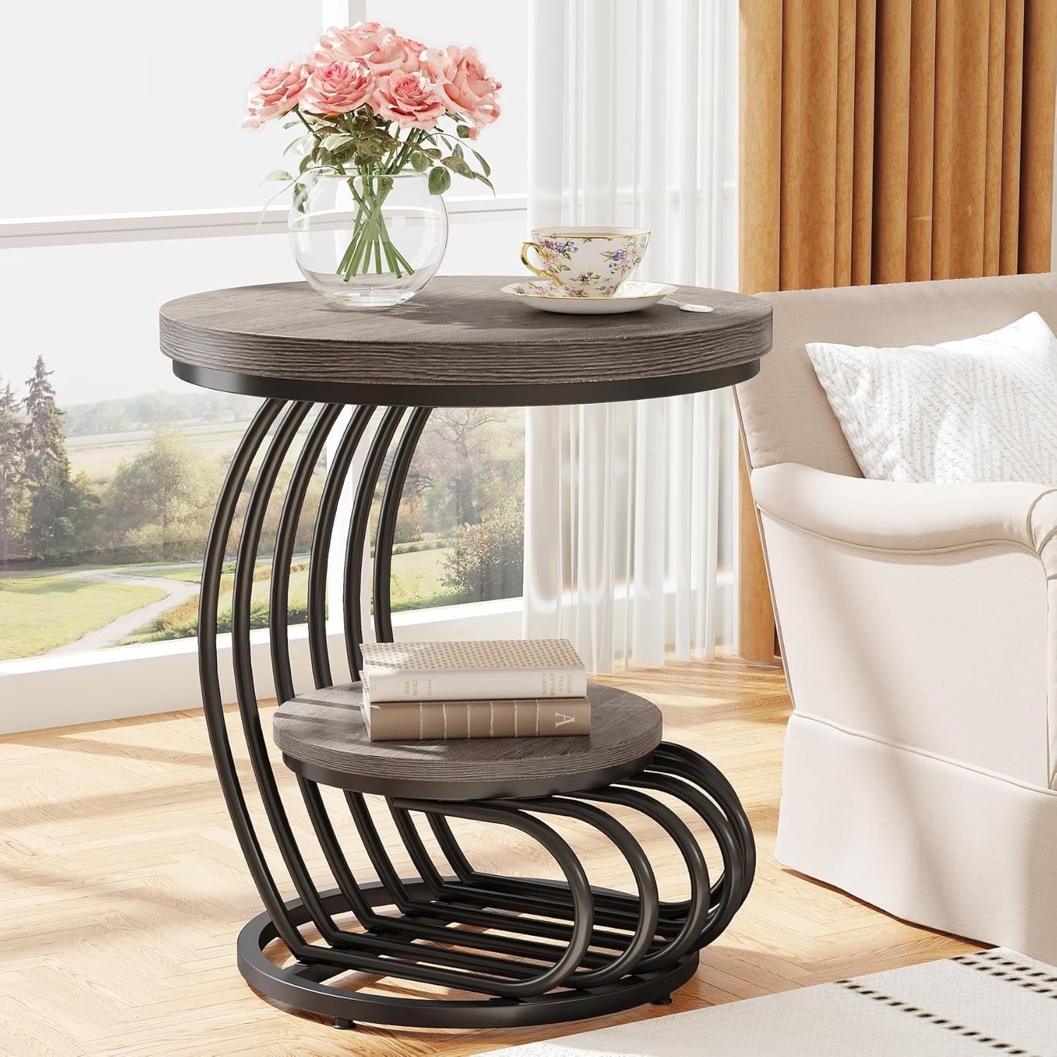 Tribesigns Round End Table, 2 Tiers Wood Side Table with Storage Shelf