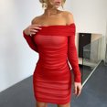 thumbnail image 3 of Gibobby Vestidos de fiesta cortos Vestido de fiesta plisado elegante y elegante de manga larga con hombros descubiertos sexy para mujer(Rojo,CH), 3 of 4