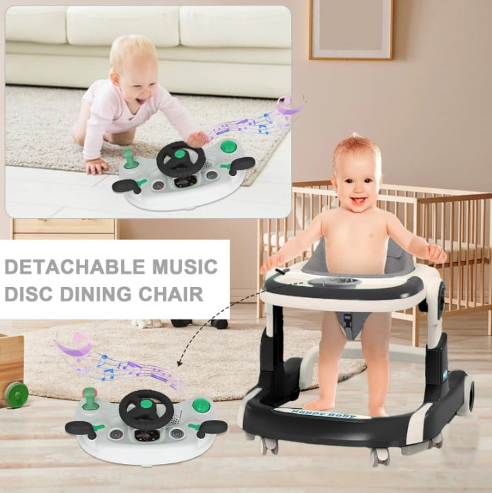 LHUAI 5-in-1 Baby Walker With Bouncer, Removable Footrest, Feeding Tray & Music, Foldable & Adjustable Activity Walker For Boys And Girls, Toddler Infant, Black