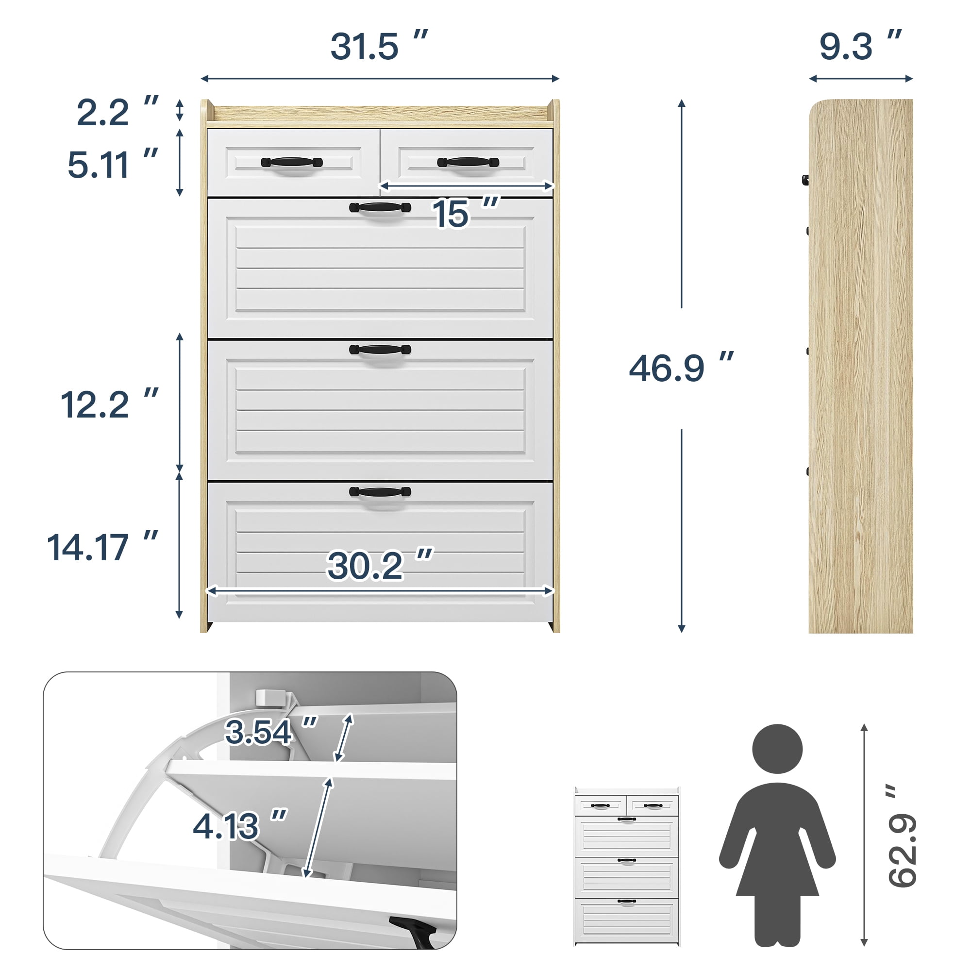 Kadyn Shoe Rack with 3 Doors, Shoe Organizer, White & Oak Shoe Cabinet with 2 Drawers, Shoe Storage Cabinet for Living Room, Hallway, Entryway