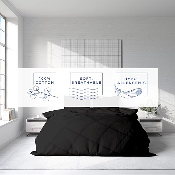 Homi Drapes 100% Egyptian Cotton 3 Piece Duvet Cover Set - Breathable All Season Comforter Cover with Zipper Closure & Corner Ties Sateen Weave (Black, King)