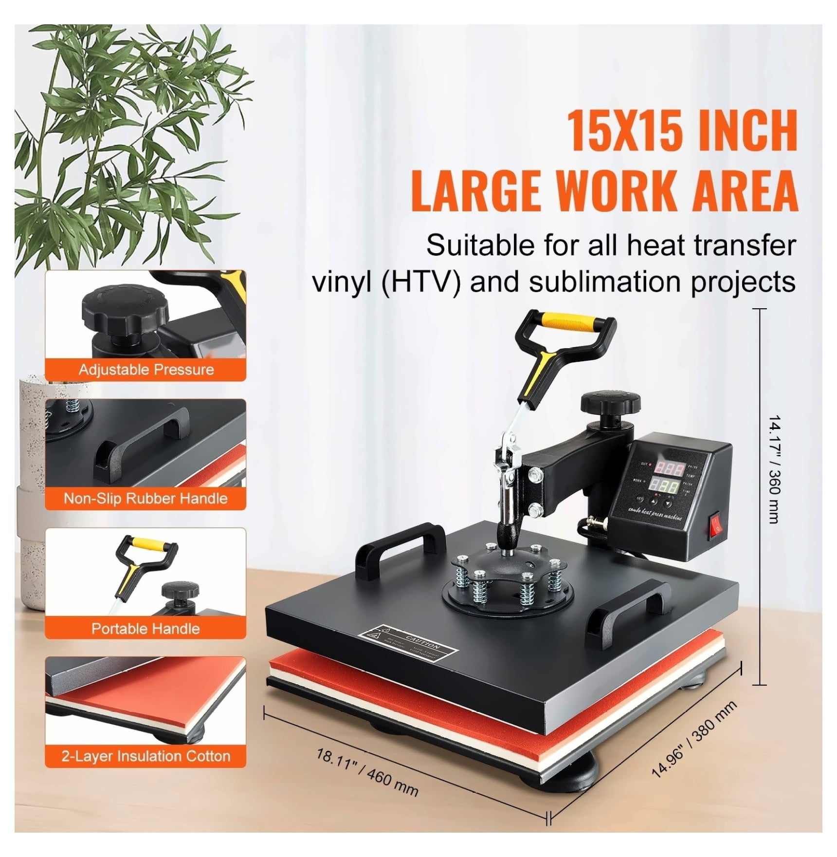 TriGol Heat Press 15x15 Inch 8-in-1 Combo Machine - Digital Multifunctional Sublimation Transfer Press for T-Shirts, Hats, Mugs, Plates - Swing Away Design