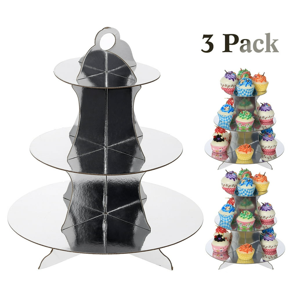 Set of Three 3 Tiers Silver Cardboard Cupcake Stands, Disposable Paper Cupcake Holder Towers for