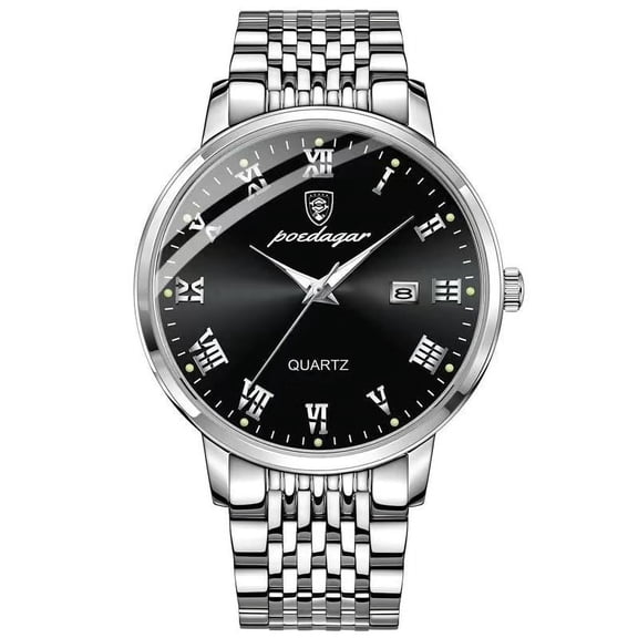 POEDAGAR Mens Watches Stainless Steel Business Wristwatch Push Button Hidden Clasp with Date Waterproof Luminous Quartz Clock
