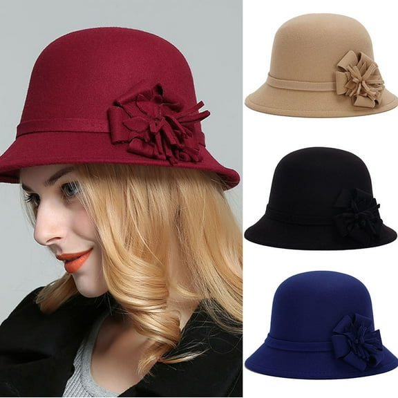 Travelwant Womens Bucket Cloche Hat Gatsby Winter Wool Crushable Bowler Hat Vintage Cloche Round Hat with Flower Accent