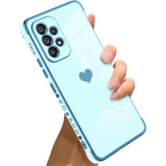 Compatible with Samsung Galaxy A52 Case Love Heart Plating Electroplate Luxury Elegant Case Camera Protector Soft TPU Shockproof Protective Corner Back Cover Galaxy A52 Case -Blue