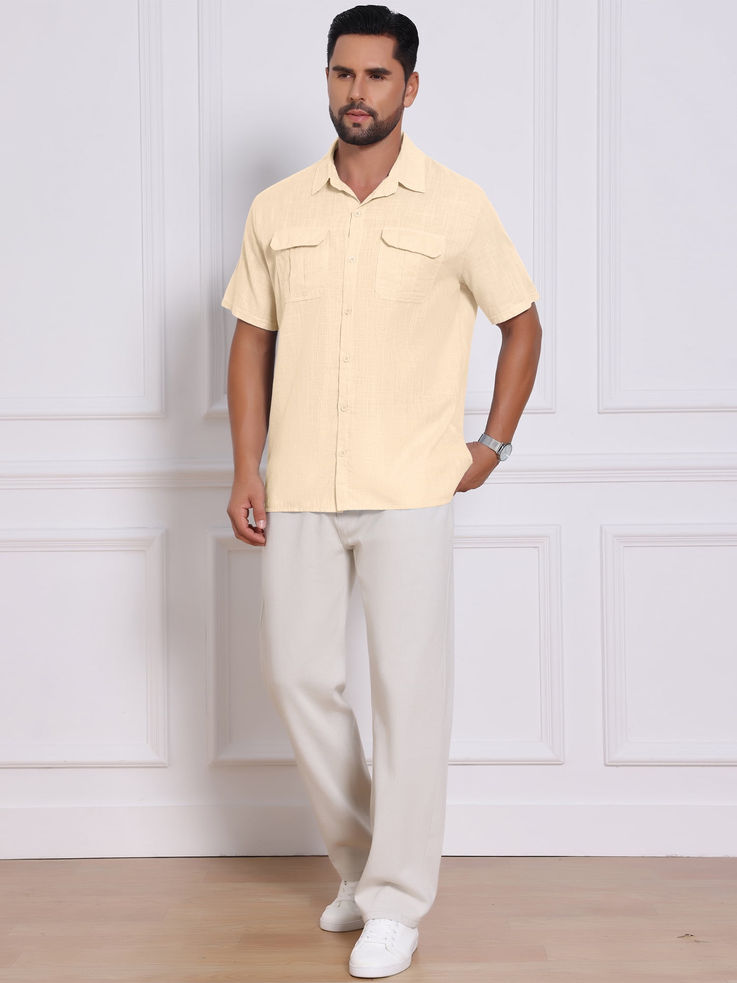 DARING DIVA Men's Solid Color Short Sleeve Button Down Linen Shirt XL Beige