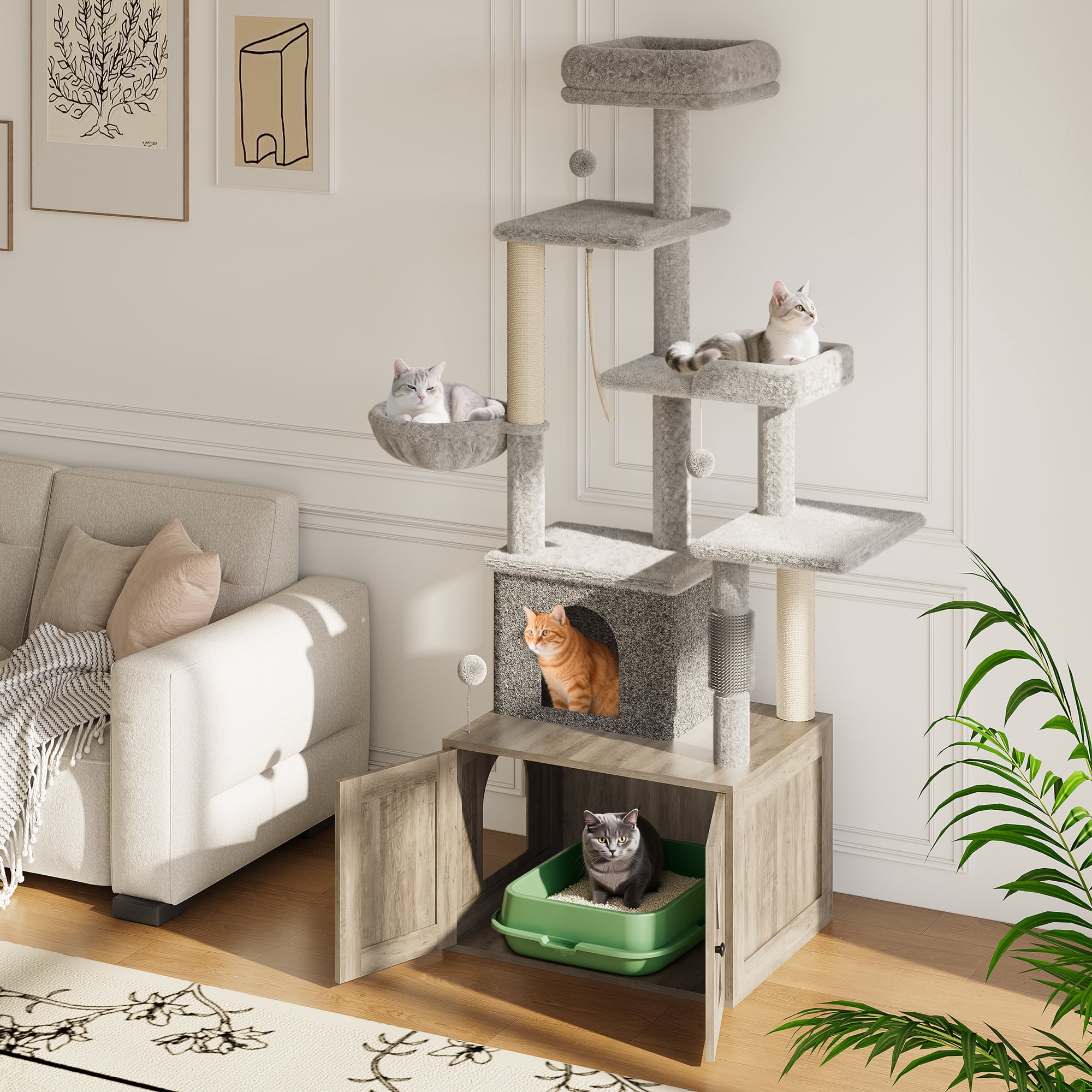 Accreate 2-in-1 Cat Tree with Hidden Litter Box Enclosure, Multi-Level Cat Tower with Scratching Post and Dangling Balls, Spacious Hammock, Indoor Cat Condo