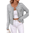 thumbnail image 3 of Womens - Blazer à Carreaux Habillé Décontracté Bouton devant Cardigan Col Rond Manches Longues Texture Tricot Vestes Gris m, 3 of 9