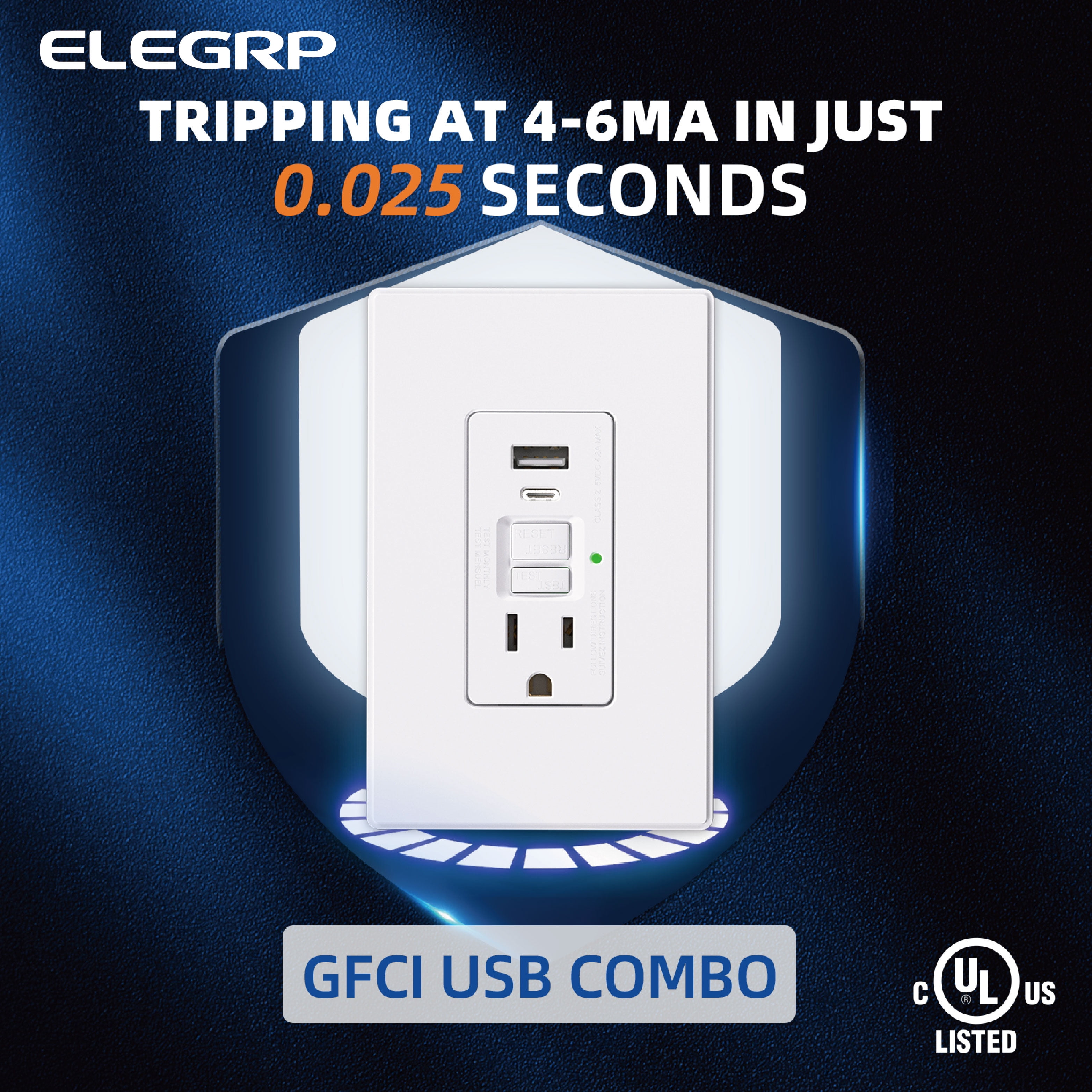 ELEGRP 15 Amp GFCI Outlet & 24W In-Wall USB Charger combo Receptacle Type A & Type C, Midsize Screwless Wall Plate included, UL & CUL Listed, White, 1 pack
