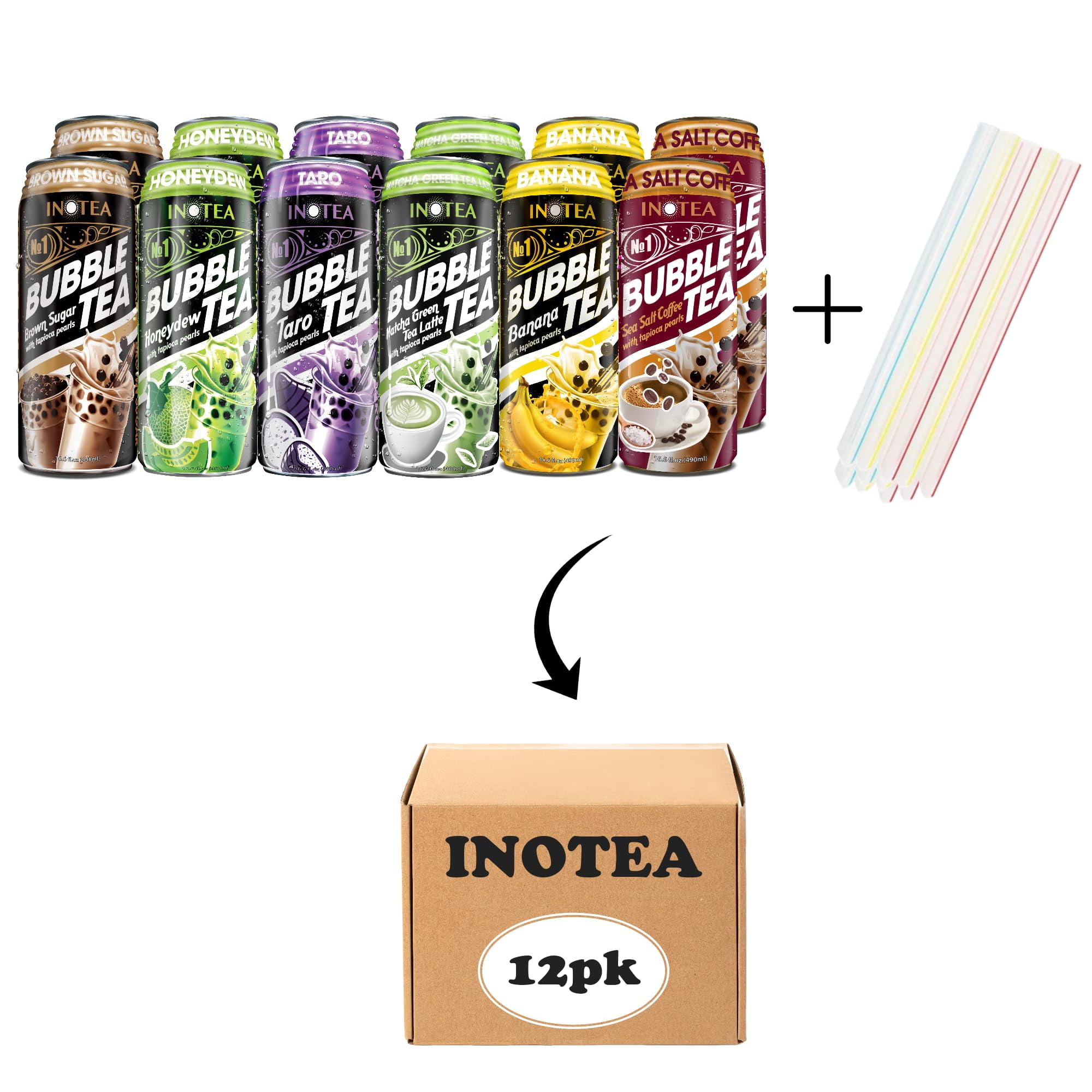 Inotea Bubble Tea Pack Of 12 - Assorted Flavors Ready to Drink in Can, 16.6 Oz