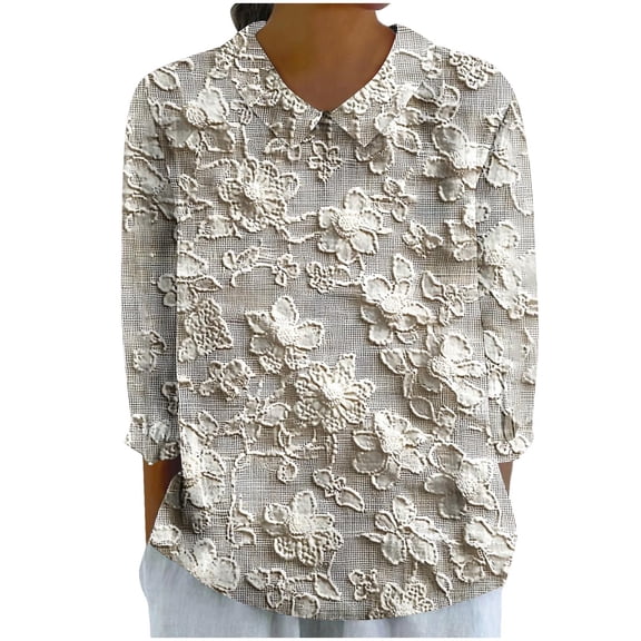 Uootdi Women's Floral Applique Collared Half - Sleeve Loose Fit Casual Summer Beach Shirt Lightweight Breathable Boho Style Beige Womens Tops