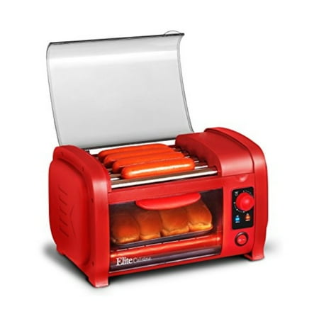 Heated Stainless Steel Range - Elite Cuisine EHD-051R Hot Dog Cooker Toaster Oven Machine 30-Minute Timer, Stainless Steel Heated Rollers, Auto Thermostat, Bake, Crumb Tray, World Series Baseball, 4 Bun Capacity, Red
