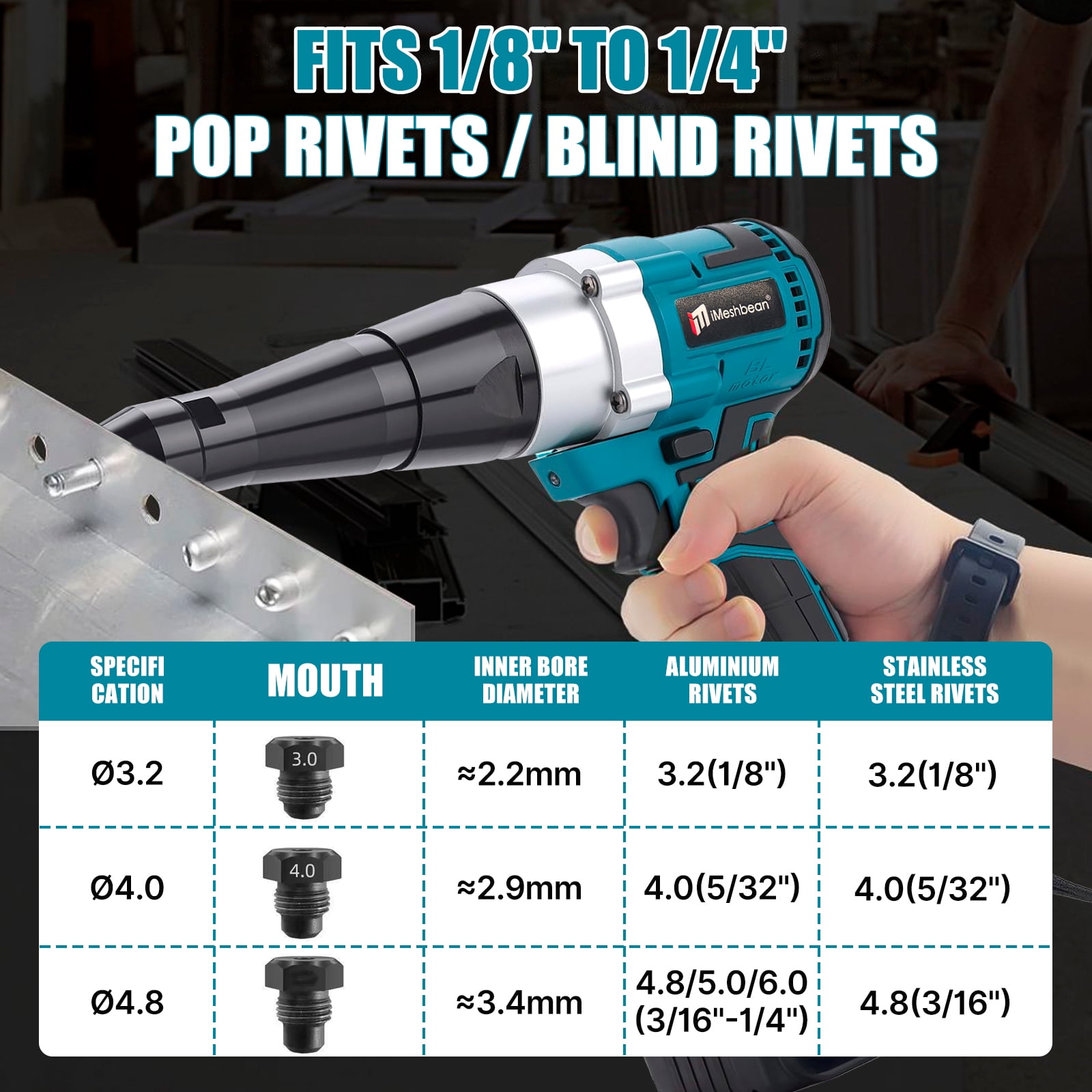 iMeshbean Cordless Rivet Gun Electric Automatic Brushless Blind Riveter w/ 2 Battery & Charger Kit