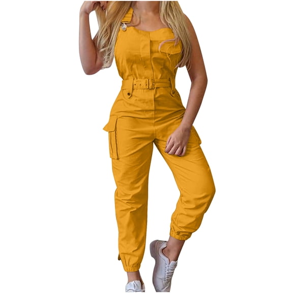 Rbaofujie Womens Jumpsuits, Women's Casual Overalls Sleeveless One-Piece Waist Suspenders Leggings Jumpsuits Yellow