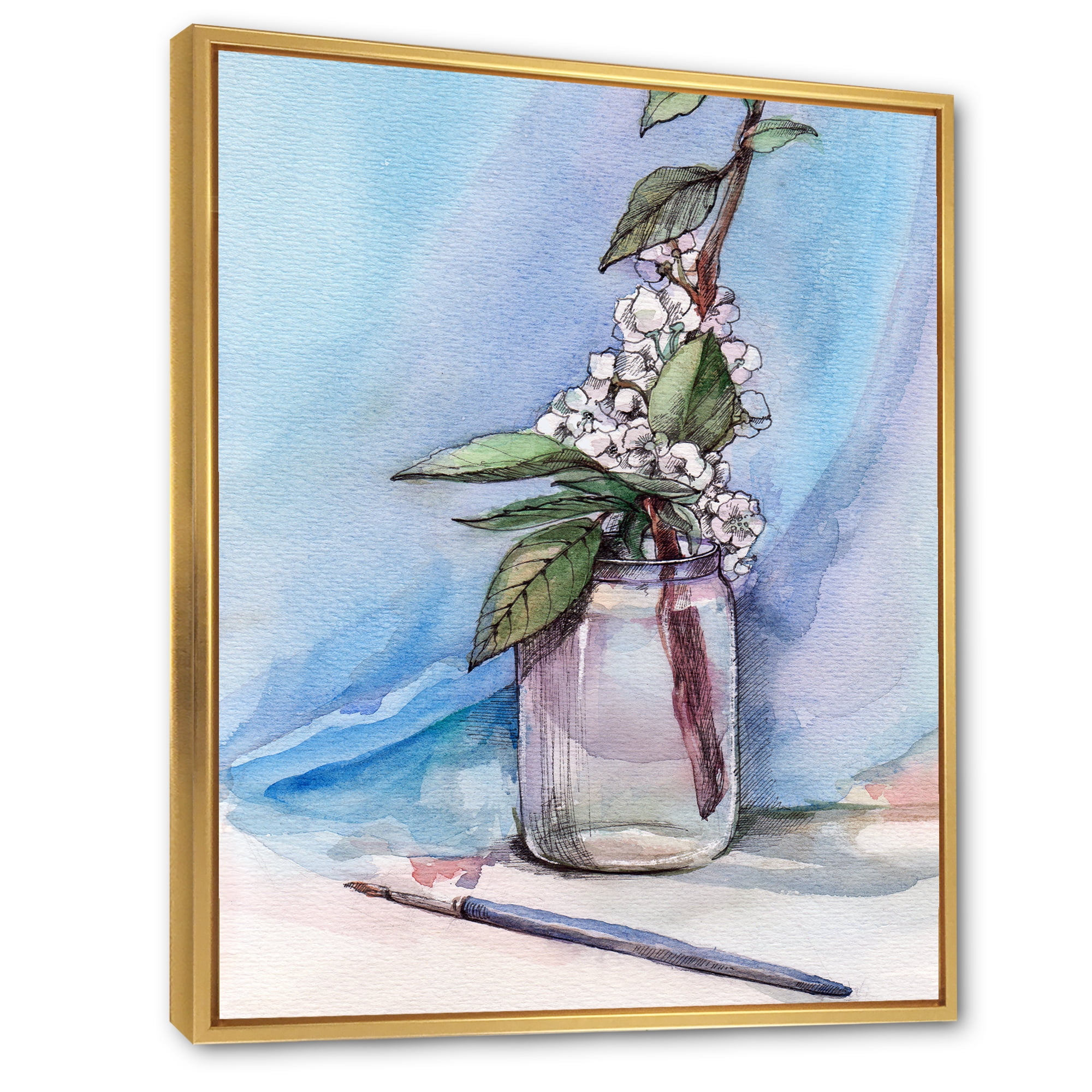 Designart 'Cherry Blossom Flowers In Glass Jar' Farmhouse Framed Canvas Wall Art Print