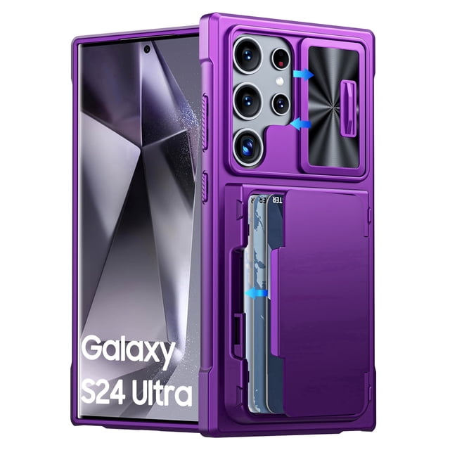 Vizvera para Samsung Galaxy S24 Ultra Funda de Teléfono con Soporte para Tarjetas RFID (Almacena 4 Tarjetas)&Cubierta de Cámara y Soporte, Funda de Silicona a Prueba de Golpes-morado