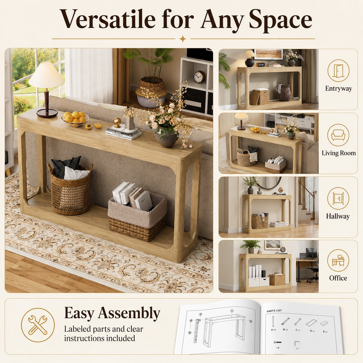 Aukfa 55.1" Wood Console Table, Narrow Sofa Table with 2-Tier Open Shelf for Entryway Hallway Living Room,Natural