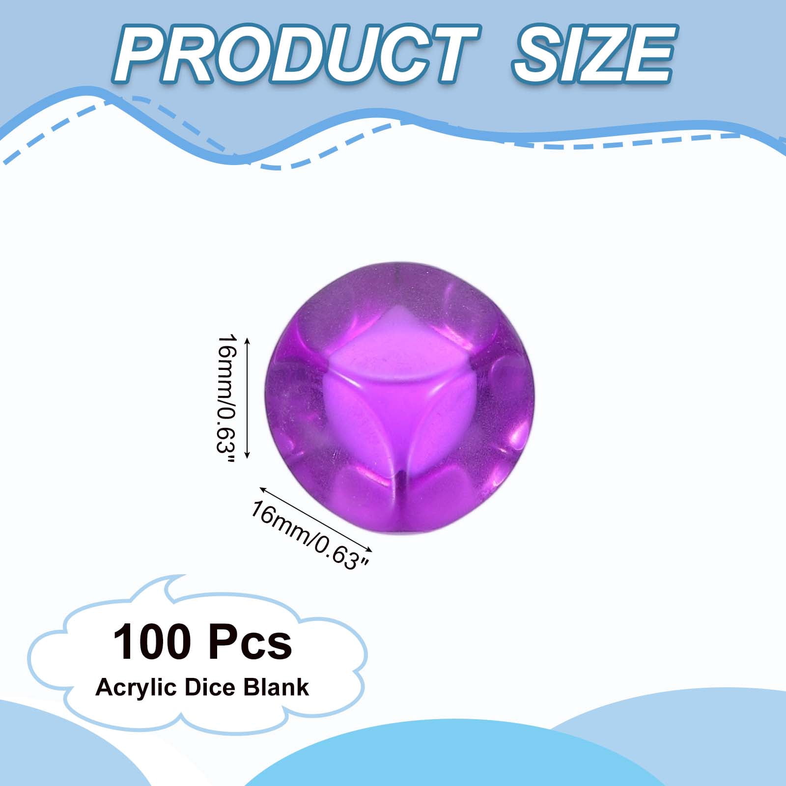 16 mm Clear Acrylic Dice Blank, 100 Pcs Rounded Corner Blank Dice with Smoothed Surface Six Sided for Board, Purple
