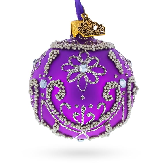 Silver Glitter Florals and Pearl Bead Scrollwork on Purple Glass Ball Christmas Ornament