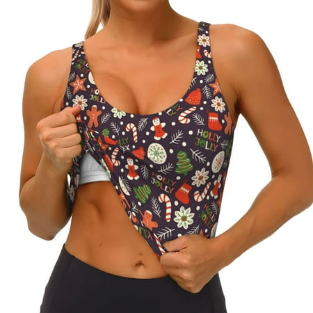 Qokaie Winter Holiday Christmas Pattern Womens Scoop Neck Sports Bra Breathable Workout Vest Padded U Back Medium Impact Fitness Gym Yoga Bra Workout Crop Top