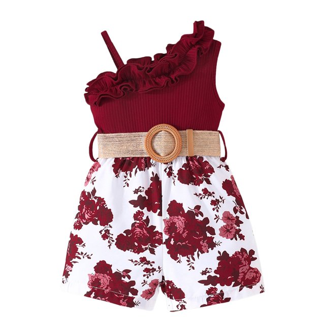 LUOGENLI Robe Fillette Tout-Petits Été Volants Sans Manches Imprimés Floraux Robe Côtelée Vêtements Jupe Maxi avec Fente et Poches Rouge 12-18 Mois