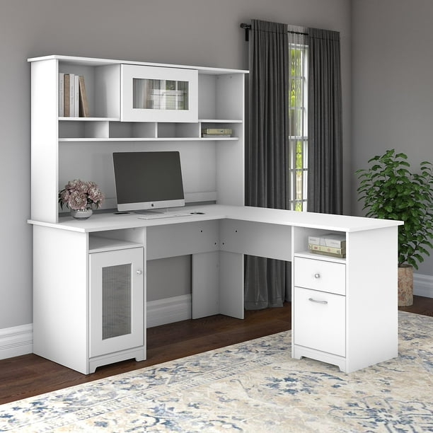 Cabot Modern 60 W L Desk With Hutch, White Desk With File Drawer And Hutch